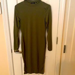 Olive Green Ribbed High Neck Midi Dress
